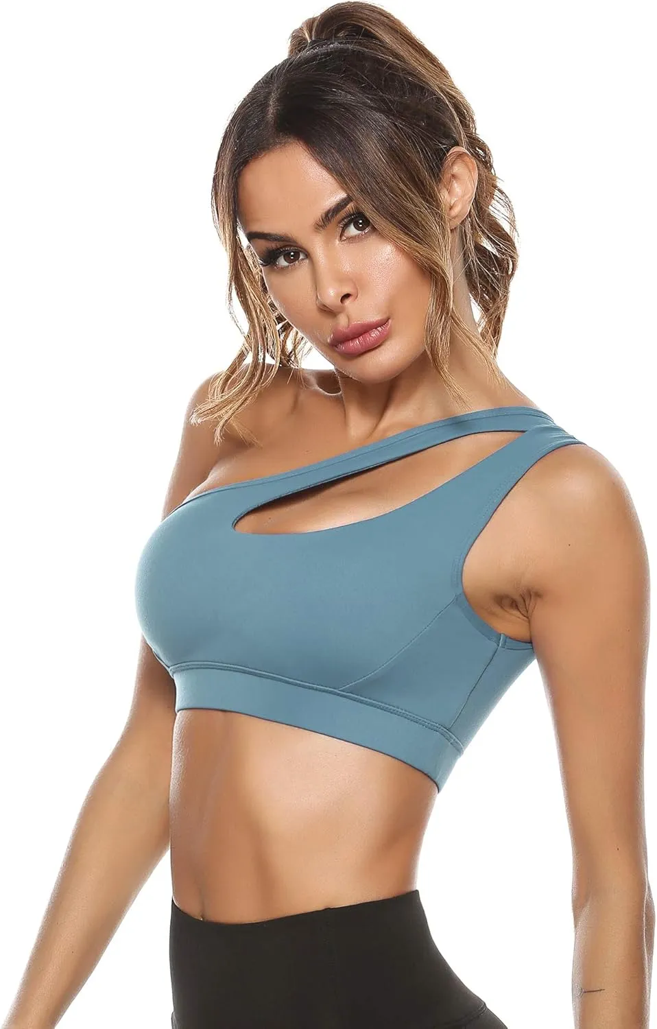Sykooria Womens One Shoulder Sports Bras Workout Left Strap Yoga Bras Cute Medium Support Crop Tops