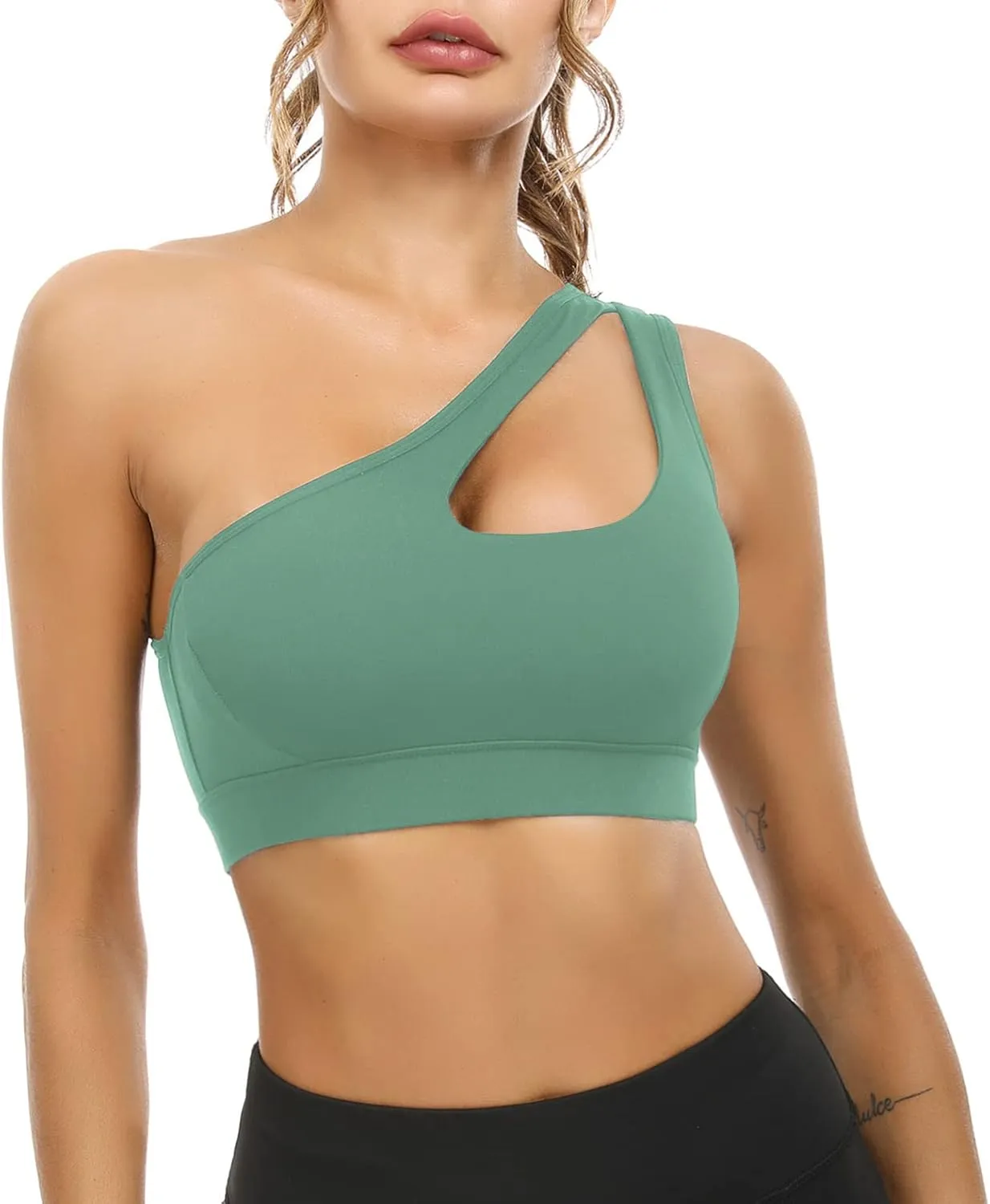 Sykooria Womens One Shoulder Sports Bras Workout Left Strap Yoga Bras Cute Medium Support Crop Tops