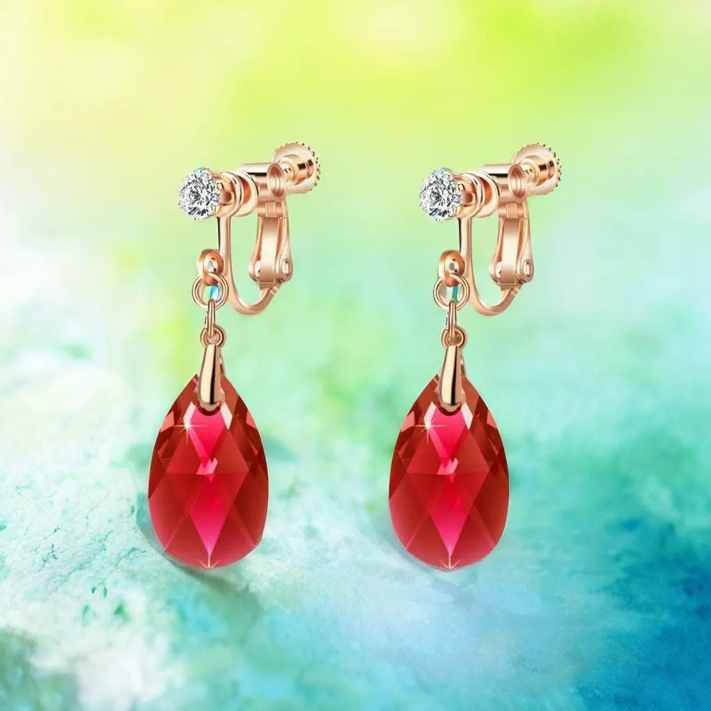 Teardrop Austrian Crystal Drop Clip On Dangle Earrings for Women Non Pierced 14K Rose Gold Plated Hypoallergenic Jewelry