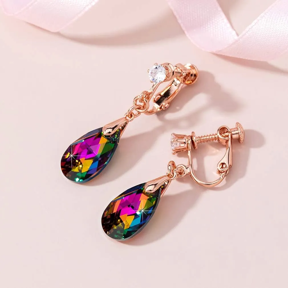 Teardrop Austrian Crystal Drop Clip On Dangle Earrings for Women Non Pierced 14K Rose Gold Plated Hypoallergenic Jewelry