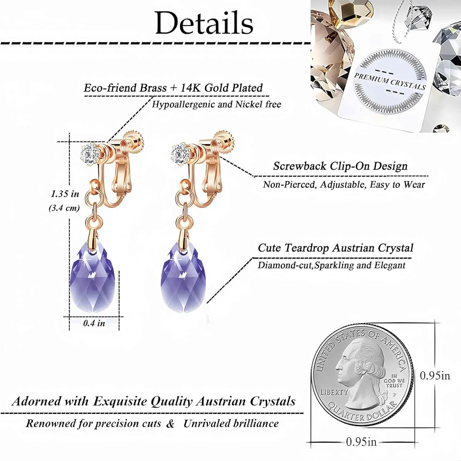 Teardrop Austrian Crystal Drop Clip On Dangle Earrings for Women Non Pierced 14K Rose Gold Plated Hypoallergenic Jewelry