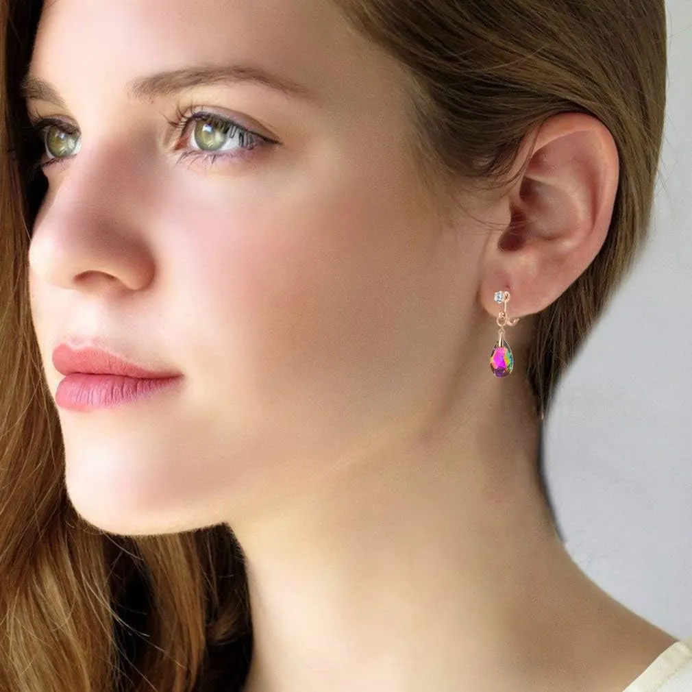 Teardrop Austrian Crystal Drop Clip On Dangle Earrings for Women Non Pierced 14K Rose Gold Plated Hypoallergenic Jewelry