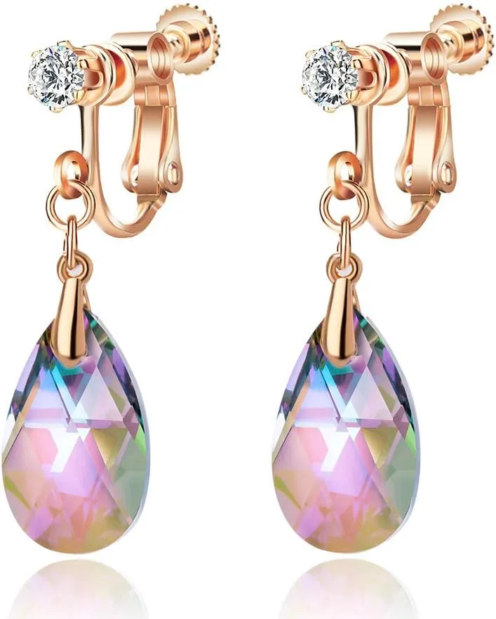 Teardrop Austrian Crystal Drop Clip On Dangle Earrings for Women Non Pierced 14K Rose Gold Plated Hypoallergenic Jewelry