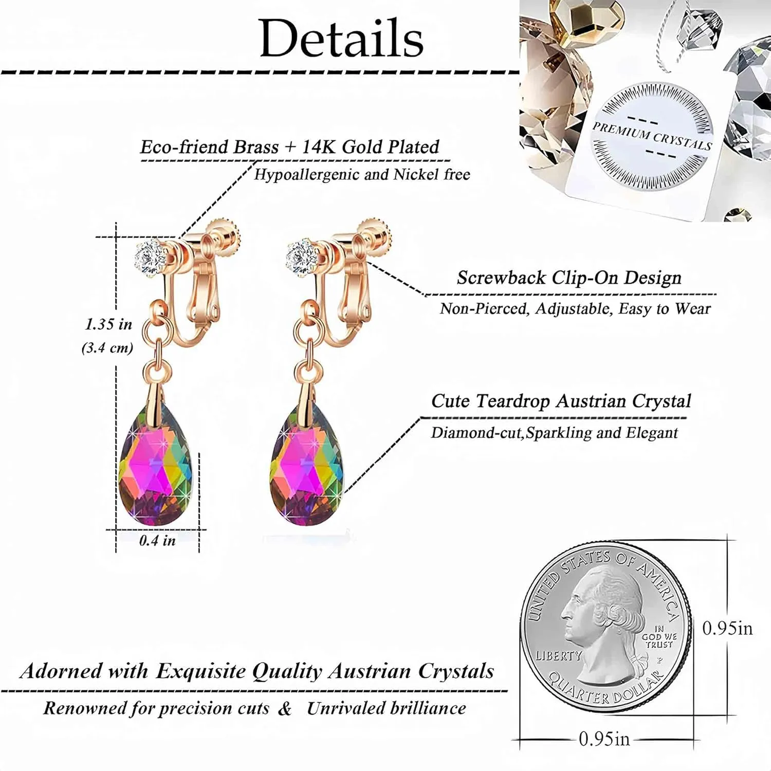 Teardrop Austrian Crystal Drop Clip On Dangle Earrings for Women Non Pierced 14K Rose Gold Plated Hypoallergenic Jewelry