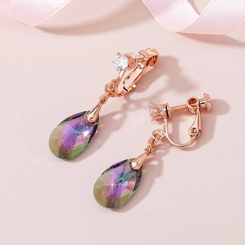 Teardrop Austrian Crystal Drop Clip On Dangle Earrings for Women Non Pierced 14K Rose Gold Plated Hypoallergenic Jewelry