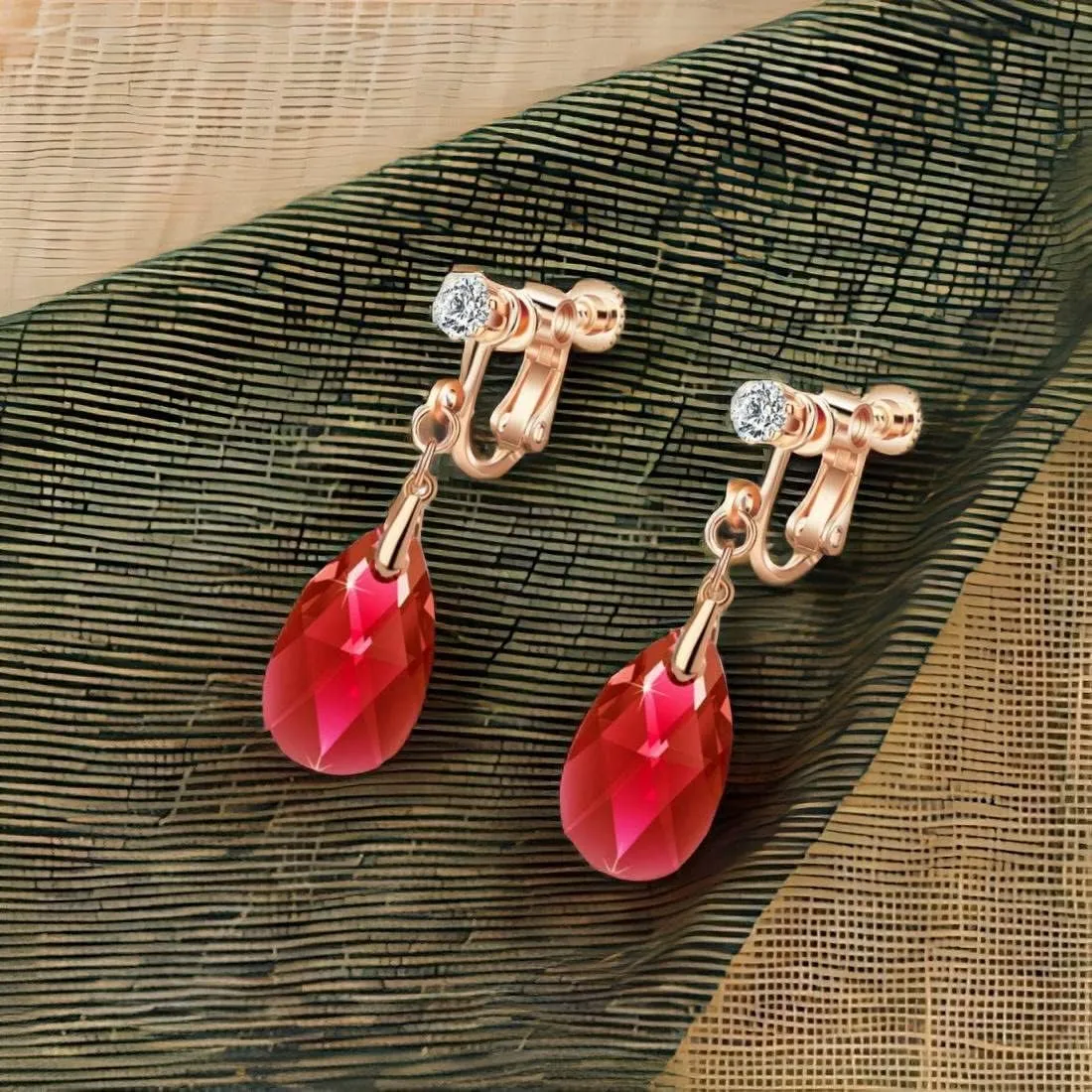 Teardrop Austrian Crystal Drop Clip On Dangle Earrings for Women Non Pierced 14K Rose Gold Plated Hypoallergenic Jewelry