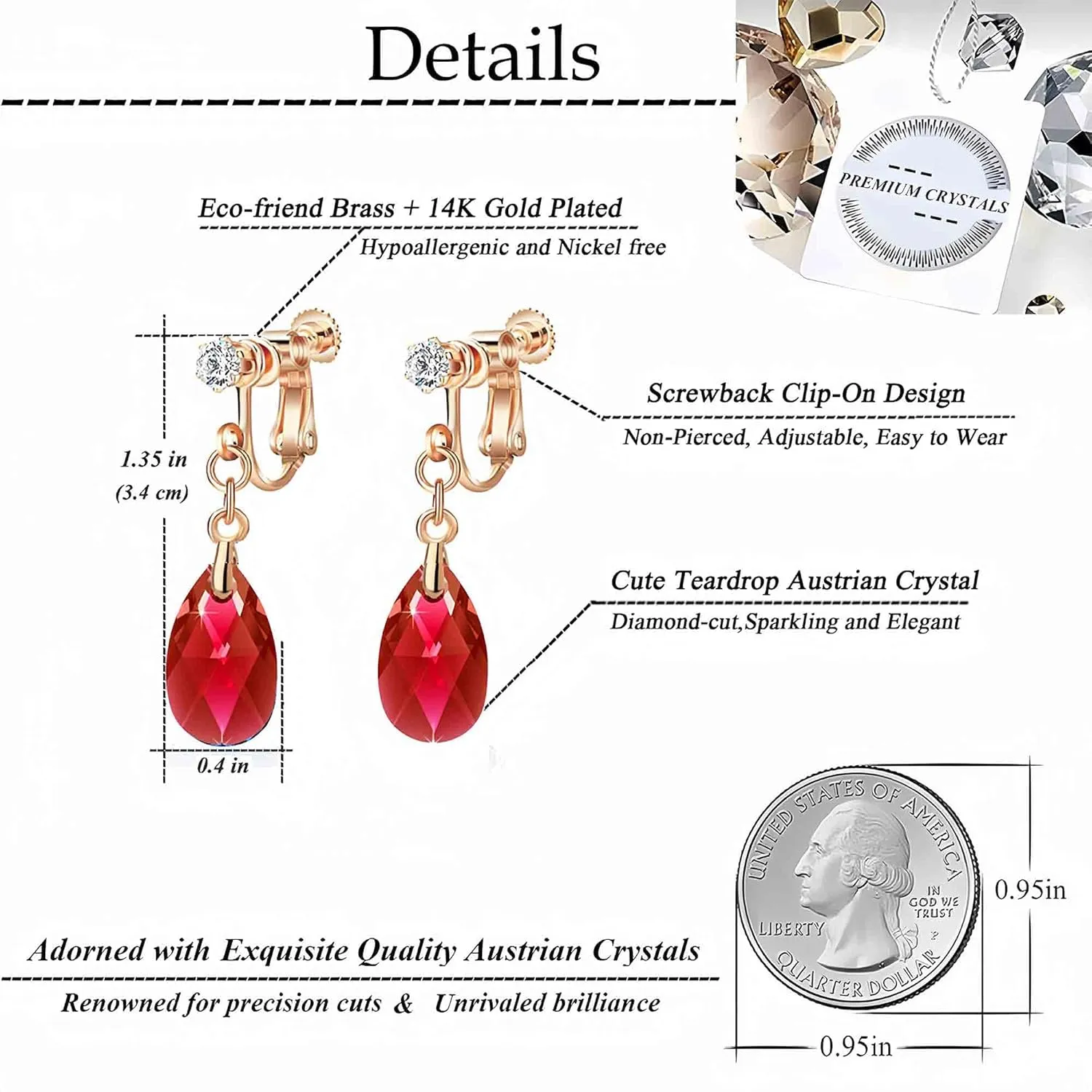 Teardrop Austrian Crystal Drop Clip On Dangle Earrings for Women Non Pierced 14K Rose Gold Plated Hypoallergenic Jewelry