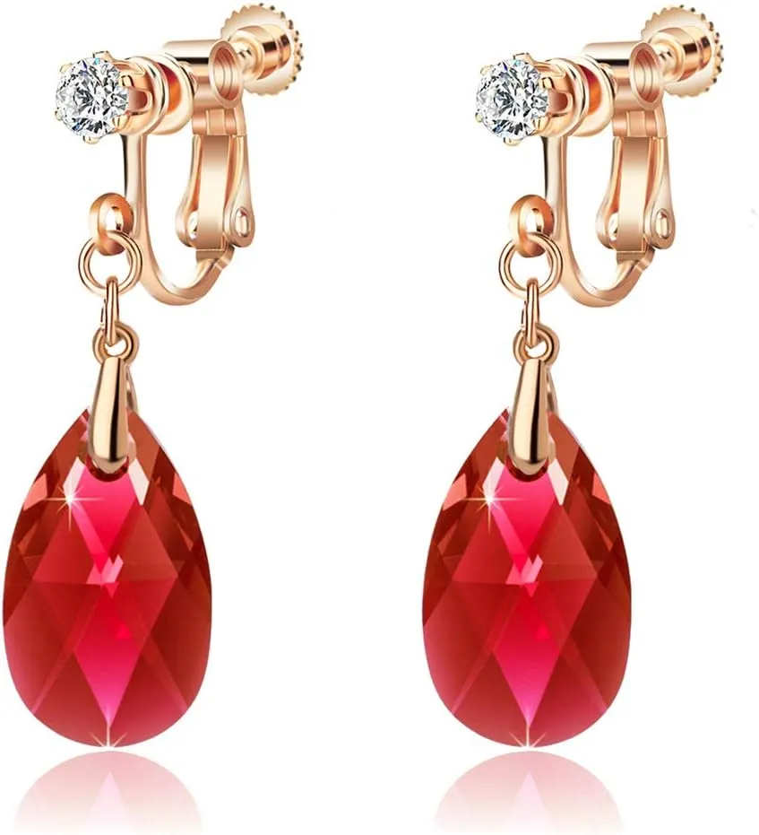 Teardrop Austrian Crystal Drop Clip On Dangle Earrings for Women Non Pierced 14K Rose Gold Plated Hypoallergenic Jewelry