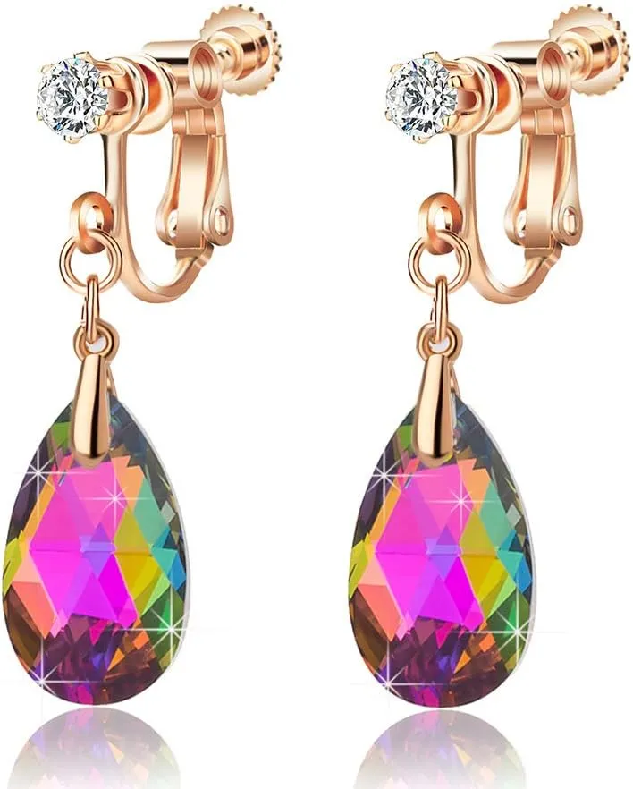 Teardrop Austrian Crystal Drop Clip On Dangle Earrings for Women Non Pierced 14K Rose Gold Plated Hypoallergenic Jewelry
