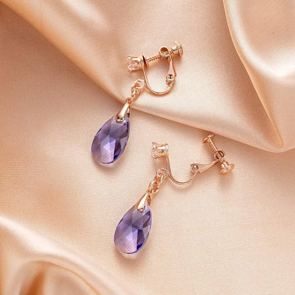 Teardrop Austrian Crystal Drop Clip On Dangle Earrings for Women Non Pierced 14K Rose Gold Plated Hypoallergenic Jewelry