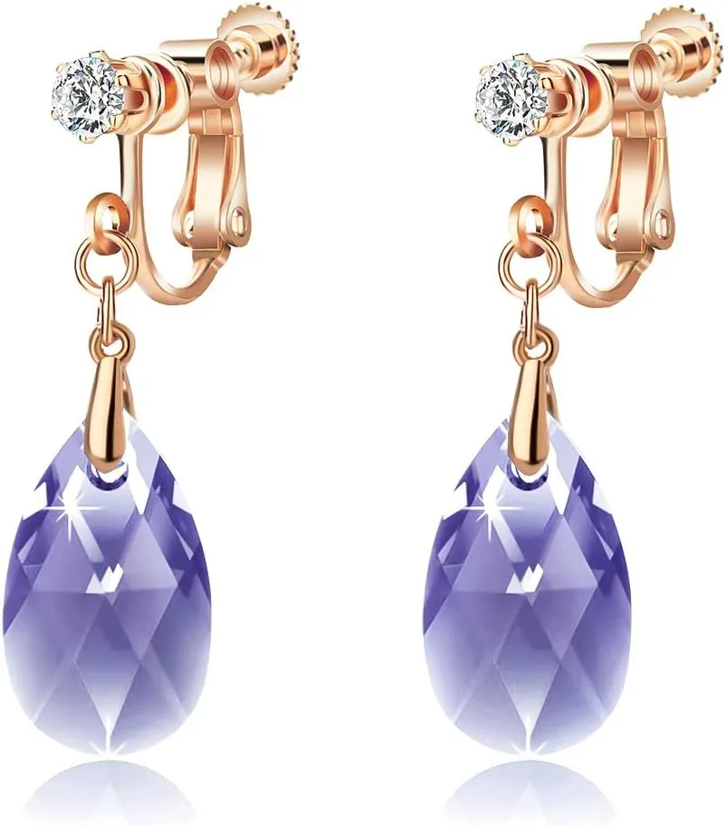 Teardrop Austrian Crystal Drop Clip On Dangle Earrings for Women Non Pierced 14K Rose Gold Plated Hypoallergenic Jewelry