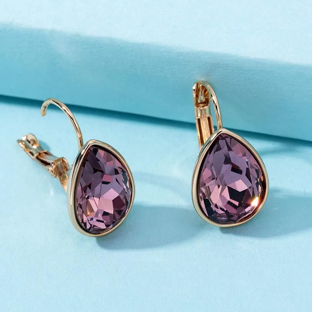 Teardrop Austrian Crystal Leverback Drop Earrings for Women 14K Rose Gold Plated Hypoallergenic Jewelry