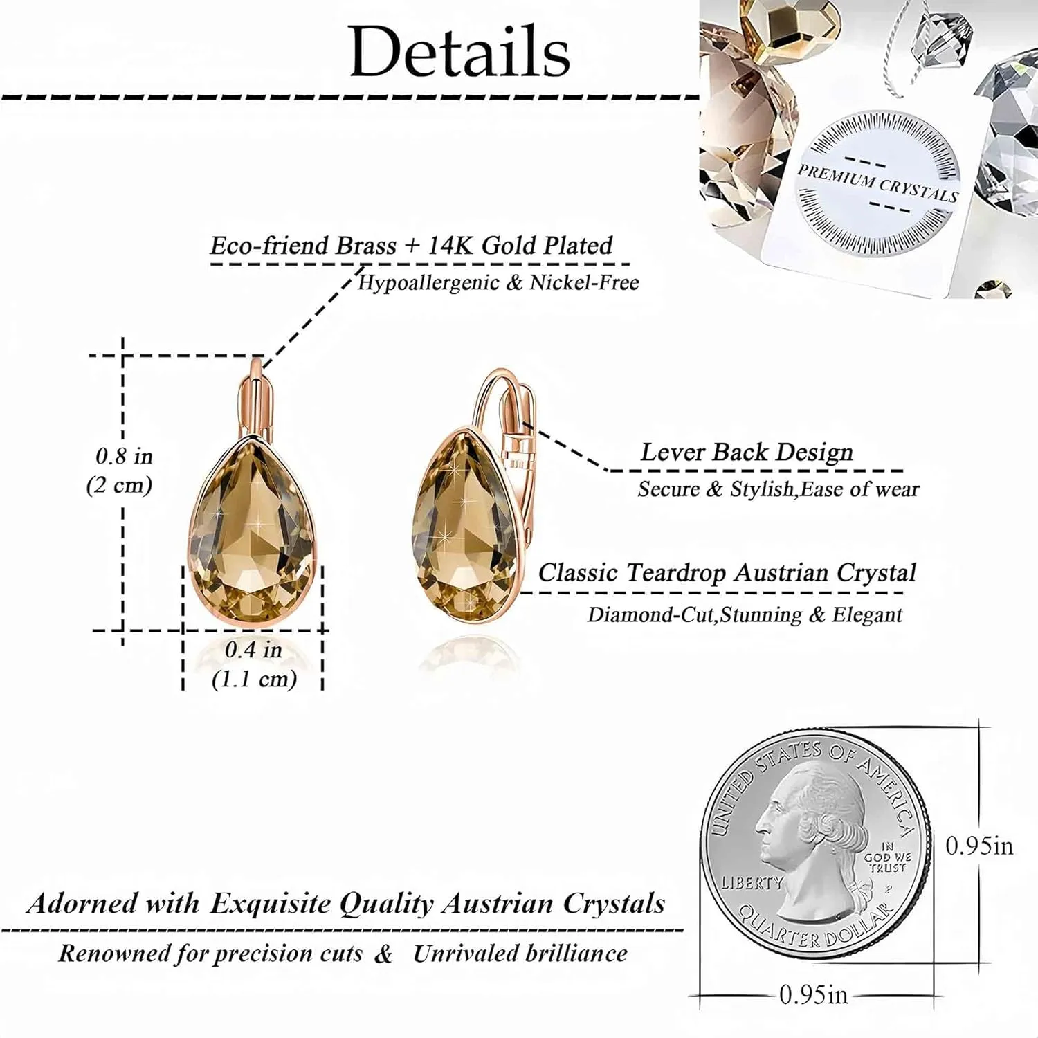 Teardrop Austrian Crystal Leverback Drop Earrings for Women 14K Rose Gold Plated Hypoallergenic Jewelry