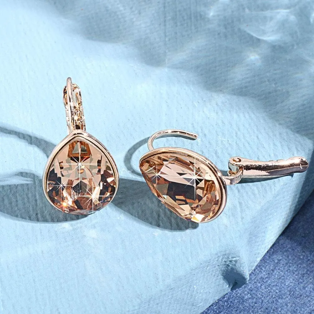 Teardrop Austrian Crystal Leverback Drop Earrings for Women 14K Rose Gold Plated Hypoallergenic Jewelry
