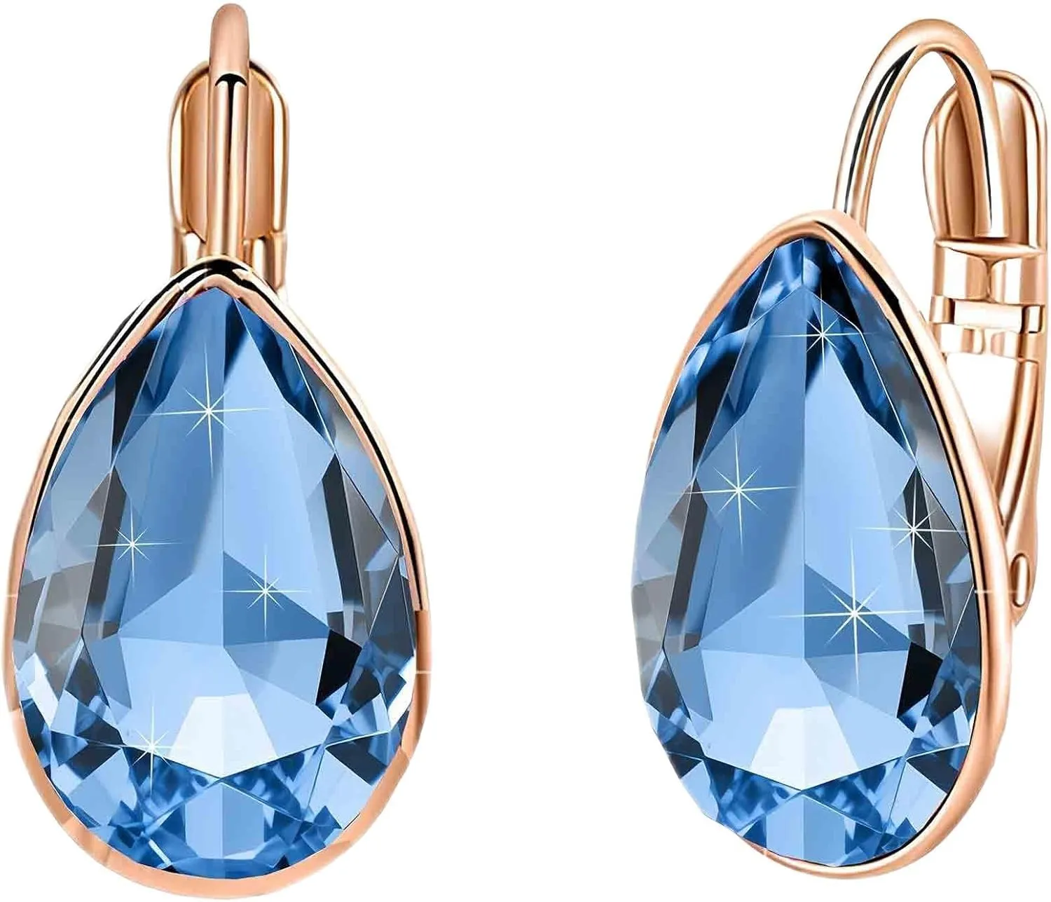 Teardrop Austrian Crystal Leverback Drop Earrings for Women 14K Rose Gold Plated Hypoallergenic Jewelry