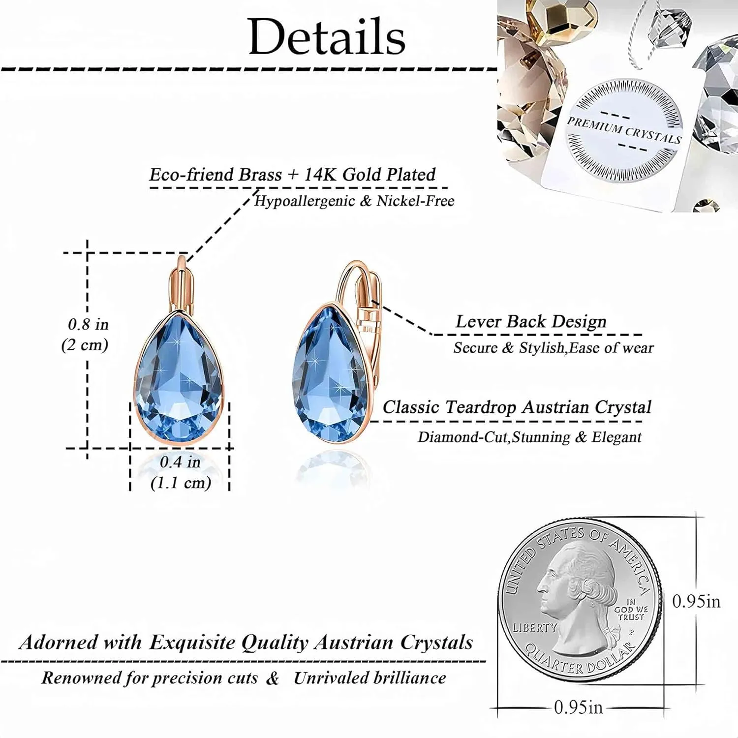 Teardrop Austrian Crystal Leverback Drop Earrings for Women 14K Rose Gold Plated Hypoallergenic Jewelry