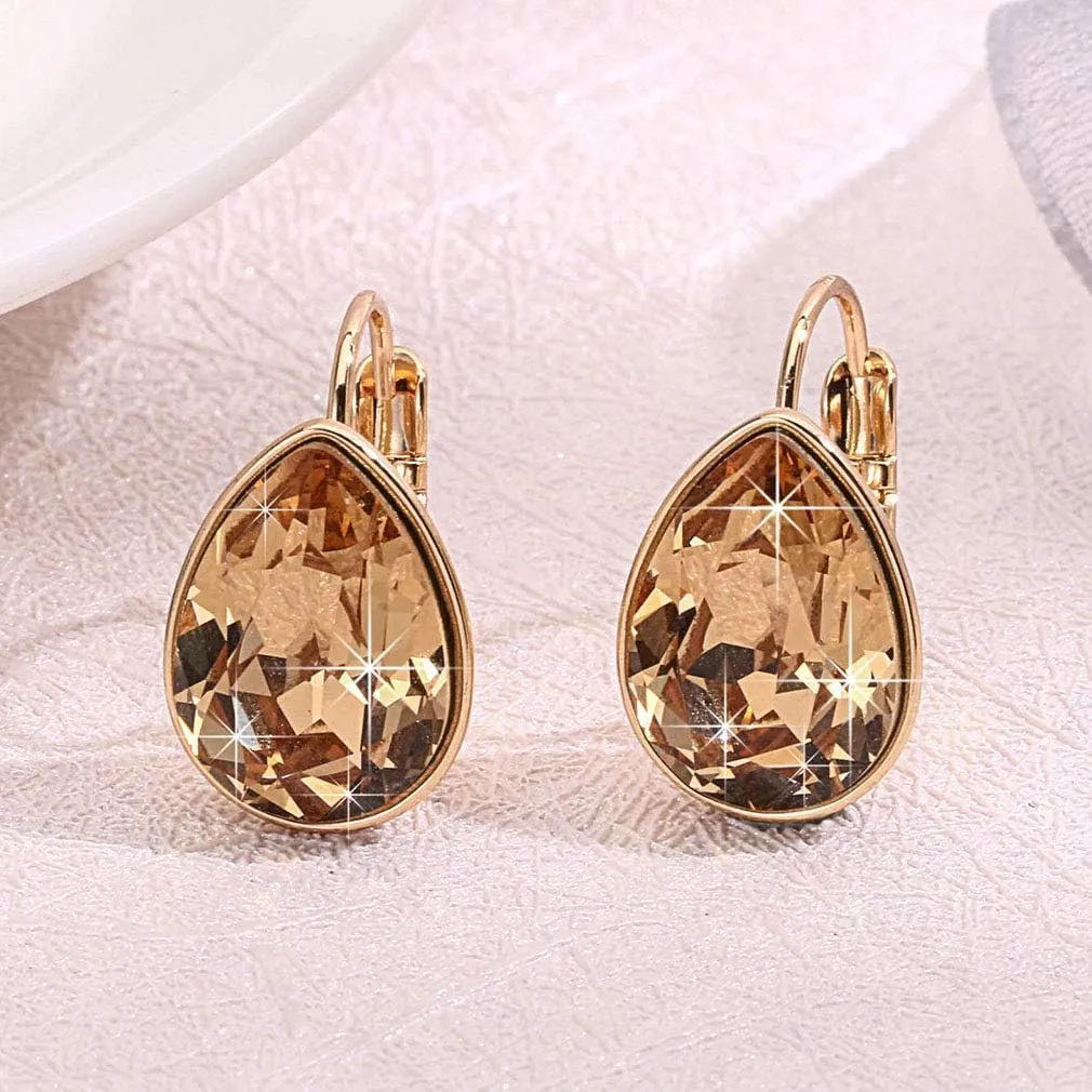 Teardrop Austrian Crystal Leverback Drop Earrings for Women 14K Rose Gold Plated Hypoallergenic Jewelry