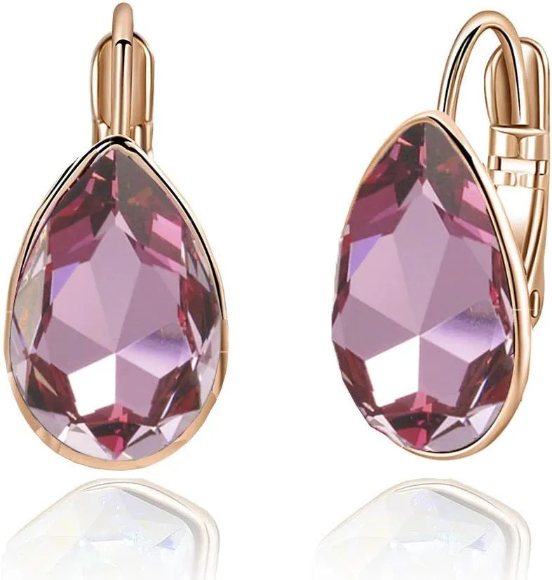 Teardrop Austrian Crystal Leverback Drop Earrings for Women 14K Rose Gold Plated Hypoallergenic Jewelry