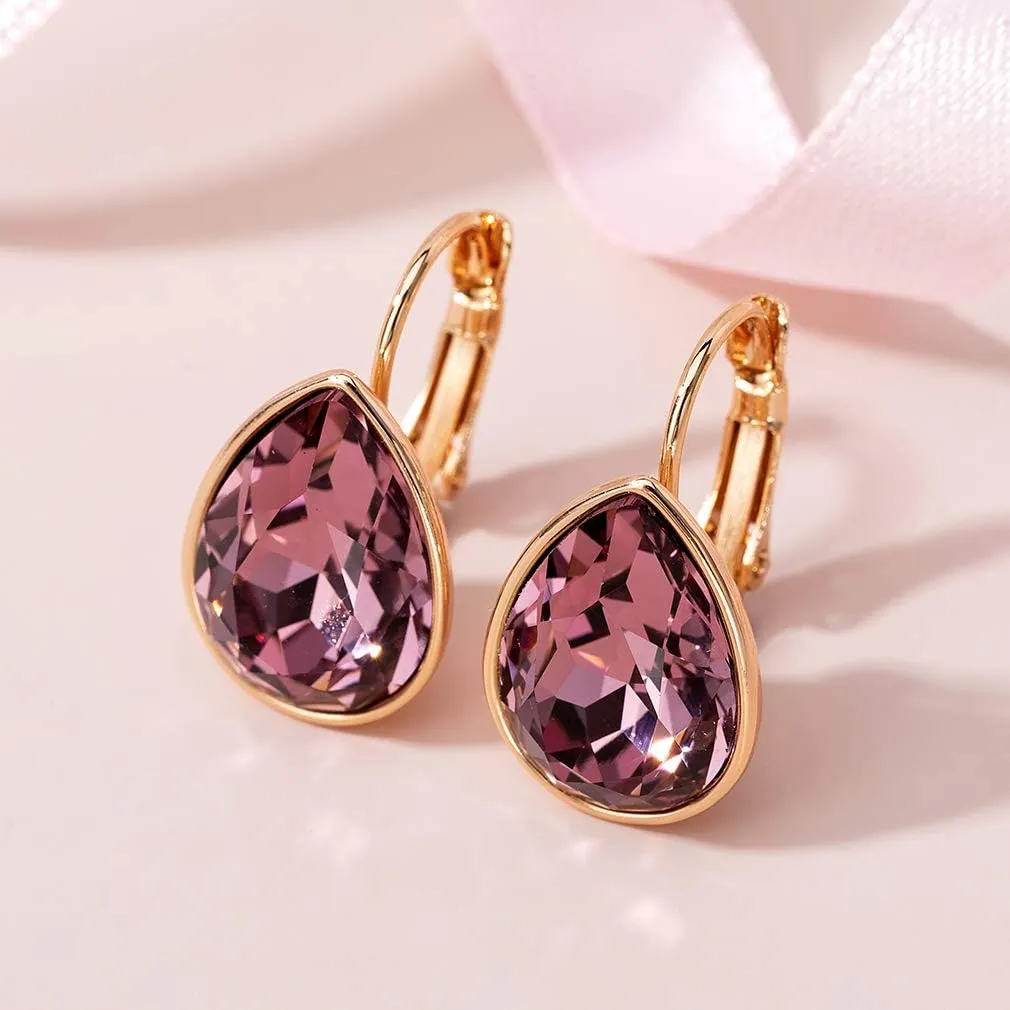 Teardrop Austrian Crystal Leverback Drop Earrings for Women 14K Rose Gold Plated Hypoallergenic Jewelry