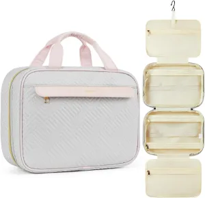 Telena Hanging Travel Toiletry Bag - Quilted Convenient & Stylish Organizer for Traveling Women, Grey with Pink