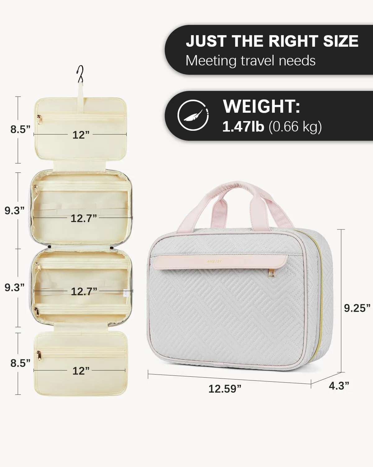 Telena Hanging Travel Toiletry Bag - Quilted Convenient & Stylish Organizer for Traveling Women, Grey with Pink