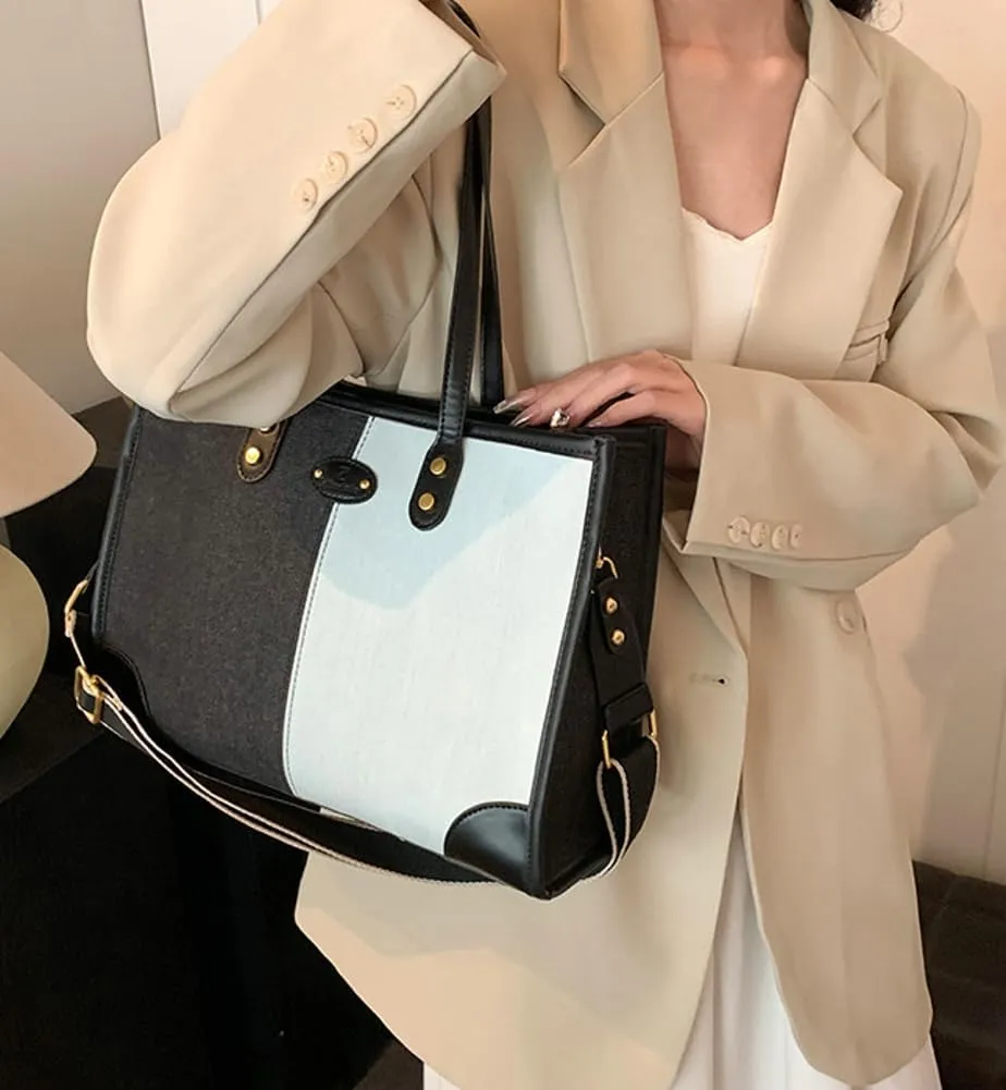 Tote Bag for Women Denim Leather Shoulder Bag Trendy Hobo Crossbody Bags Large Top Handle Handbag Purse