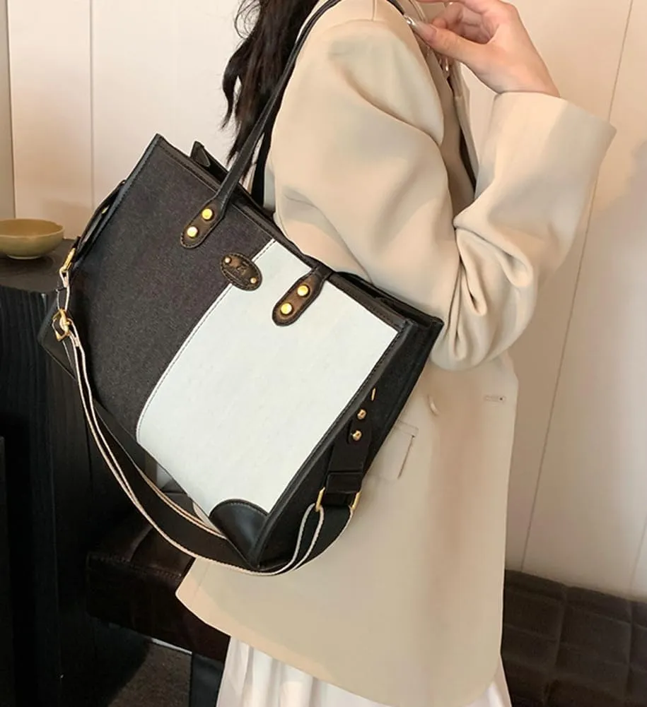 Tote Bag for Women Denim Leather Shoulder Bag Trendy Hobo Crossbody Bags Large Top Handle Handbag Purse