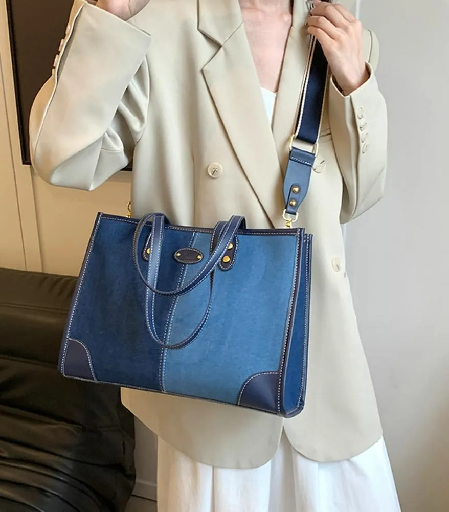 Tote Bag for Women Denim Leather Shoulder Bag Trendy Hobo Crossbody Bags Large Top Handle Handbag Purse