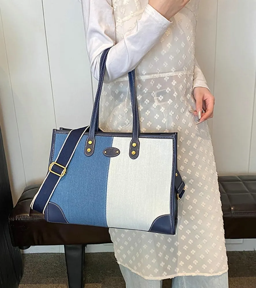 Tote Bag for Women Denim Leather Shoulder Bag Trendy Hobo Crossbody Bags Large Top Handle Handbag Purse
