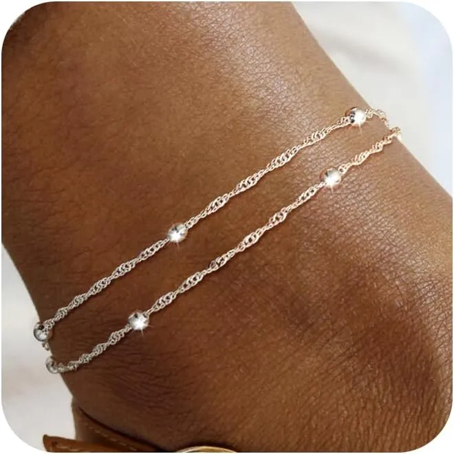 Trendy Anklets for Women Dainty Ankle Bracelet CZ Evil Eye Heart Layered Bracelets Set Gifts Summer Beach Jewelry