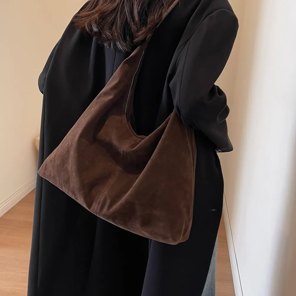 Trendy Suede Crescent Shoulder Bag Women Tote Bag Satchels Leather Hobo Bags Suede Purse Slouchy Tote Bag