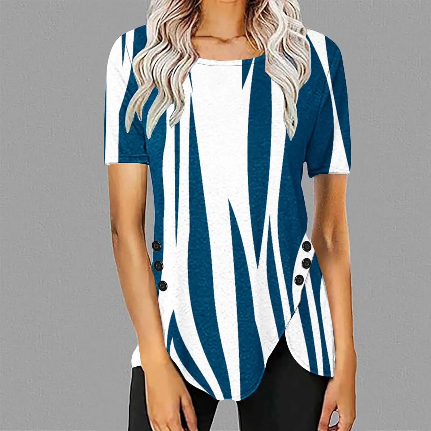 Tunic Tops for Women Loose Fit Dressy Short Sleeve Crew Neck T Shirts Summer Floral Graphic Tees Irregular Hem Blouse