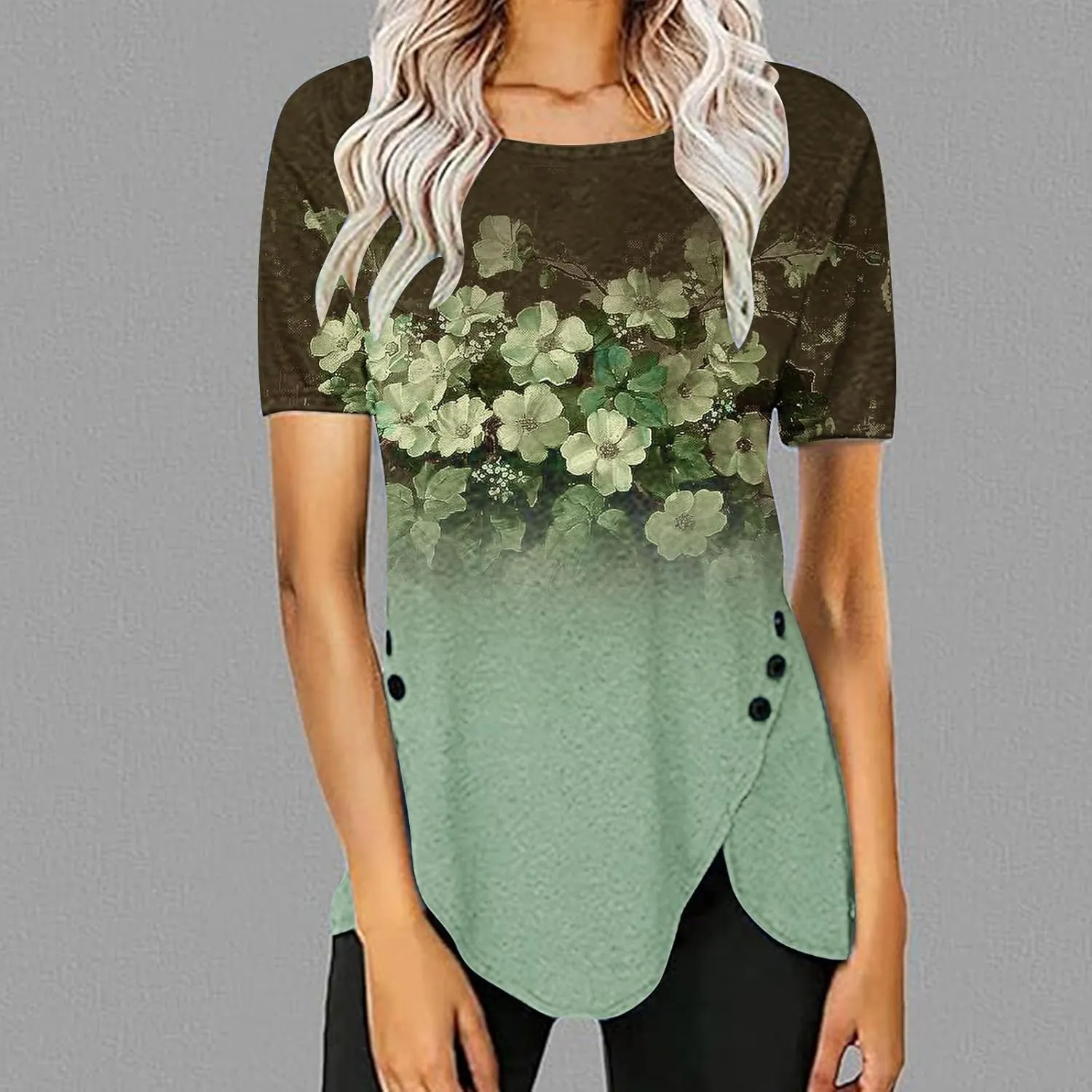 Tunic Tops for Women Loose Fit Dressy Short Sleeve Crew Neck T Shirts Summer Floral Graphic Tees Irregular Hem Blouse