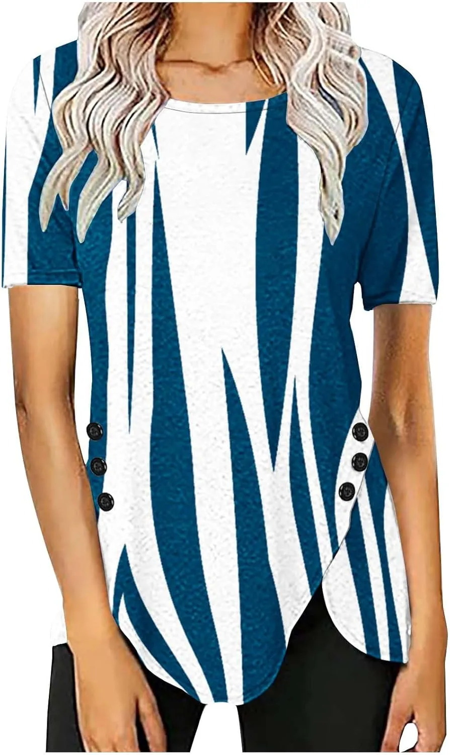 Tunic Tops for Women Loose Fit Dressy Short Sleeve Crew Neck T Shirts Summer Floral Graphic Tees Irregular Hem Blouse