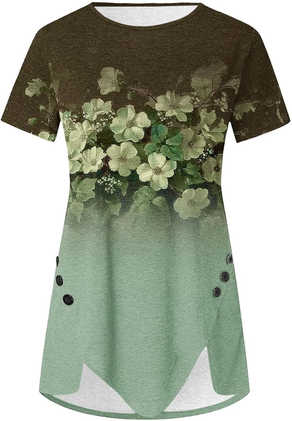 Tunic Tops for Women Loose Fit Dressy Short Sleeve Crew Neck T Shirts Summer Floral Graphic Tees Irregular Hem Blouse