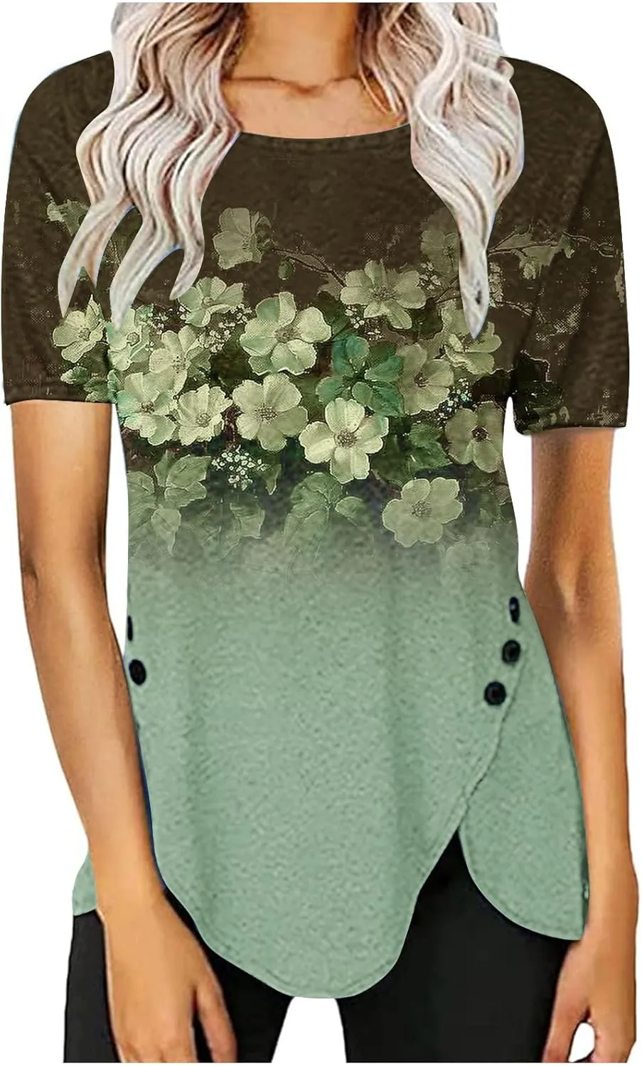 Tunic Tops for Women Loose Fit Dressy Short Sleeve Crew Neck T Shirts Summer Floral Graphic Tees Irregular Hem Blouse