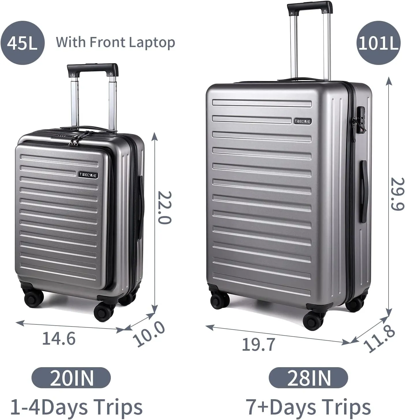 TydeCkare 2 Piece 20/28" Luggage Sets, Only 20 Inch with Front Laptop Pocket, Lightweight ABS PC Suitcase Hardshell Carry Ons with TSA Lock & Spinner Silent Wheels, Convenient for Trips, Gray