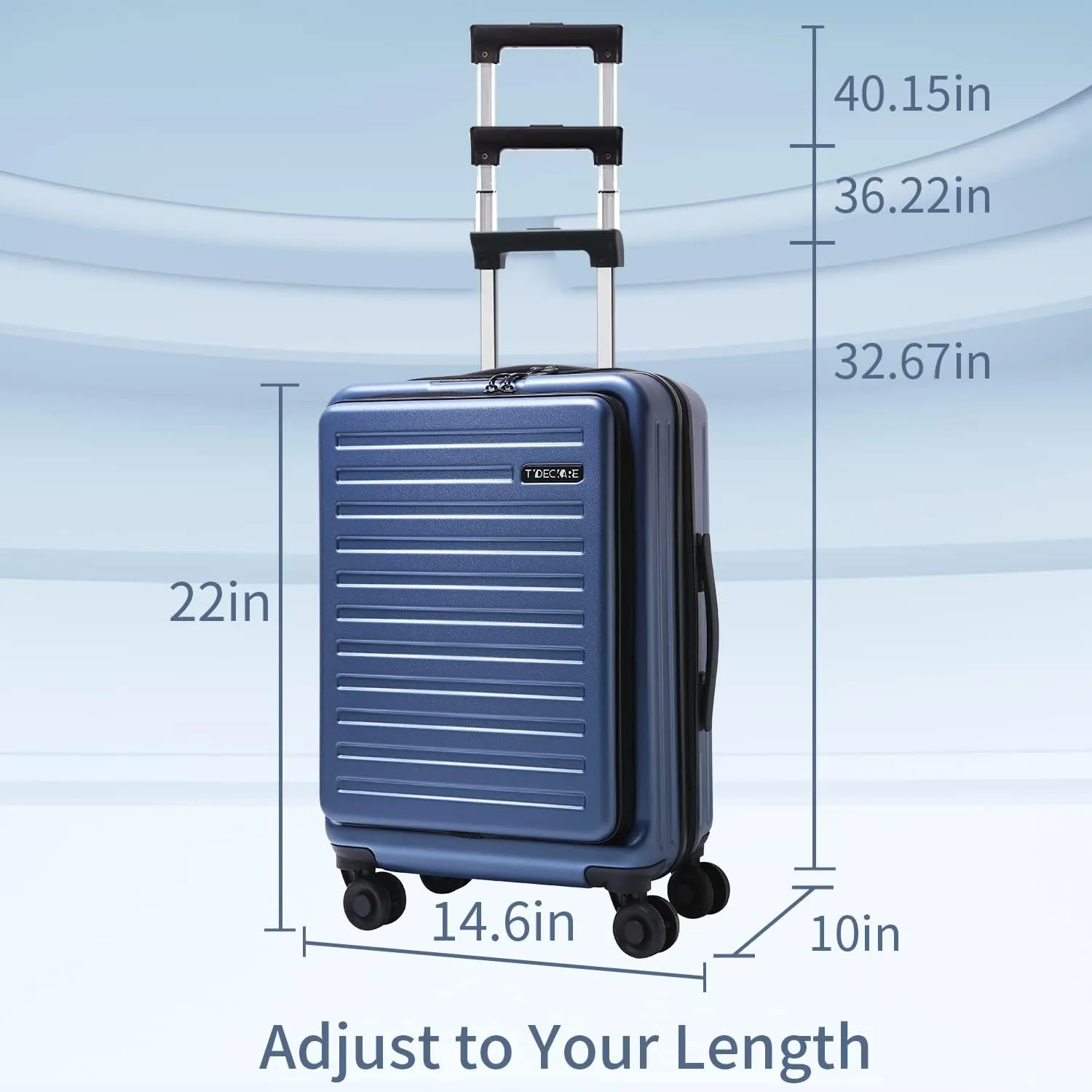 TydeCkare 20 Inch Carrry On Luggage with Front Zipper Pocket, 45L, Lightweight ABS PC Hardshell Suitcase with TSA Lock & Spinner Silent Wheels, Convenient for Business Trips, Ice Blue