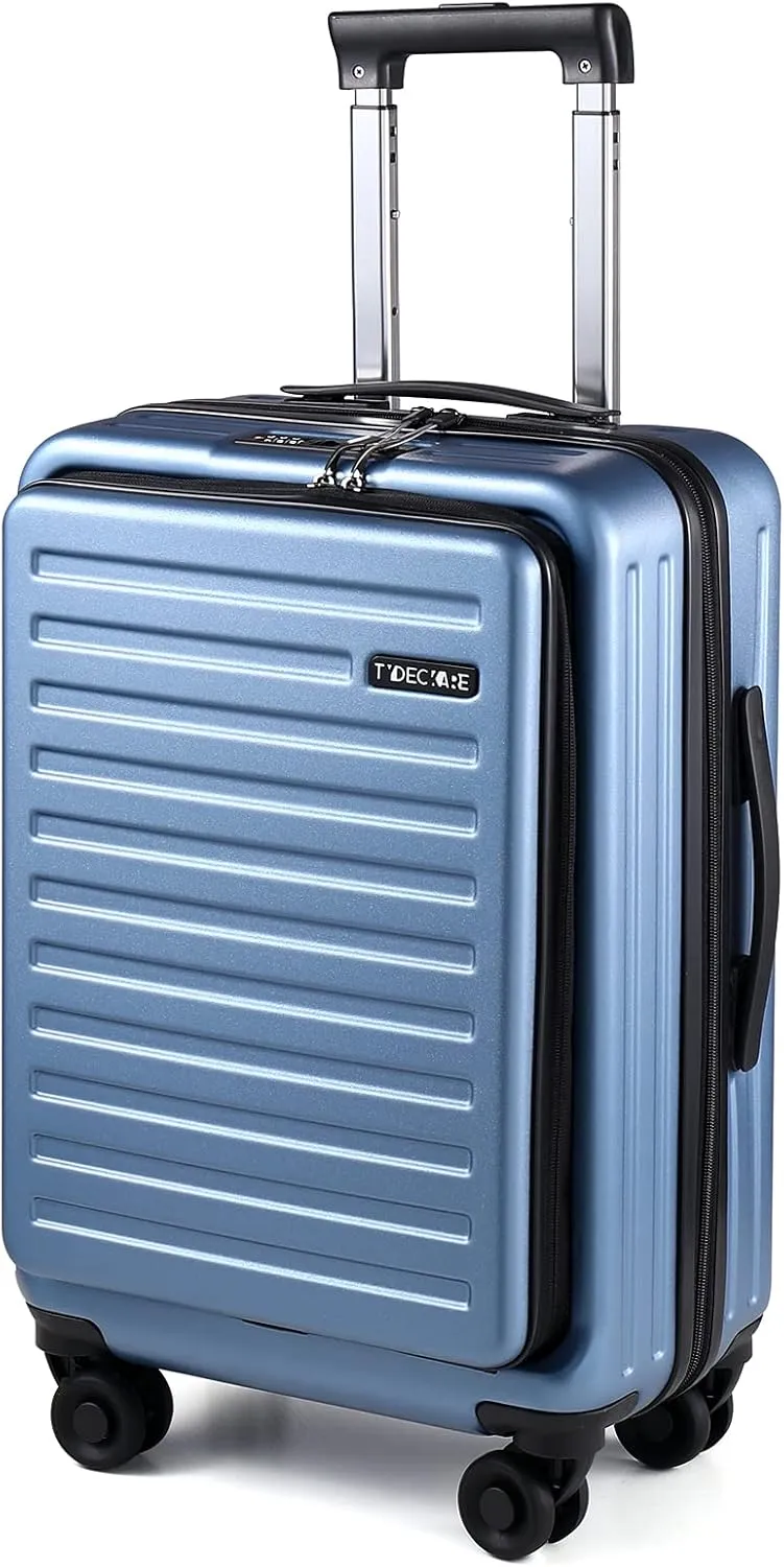 TydeCkare 20 Inch Carrry On Luggage with Front Zipper Pocket, 45L, Lightweight ABS PC Hardshell Suitcase with TSA Lock & Spinner Silent Wheels, Convenient for Business Trips, Ice Blue