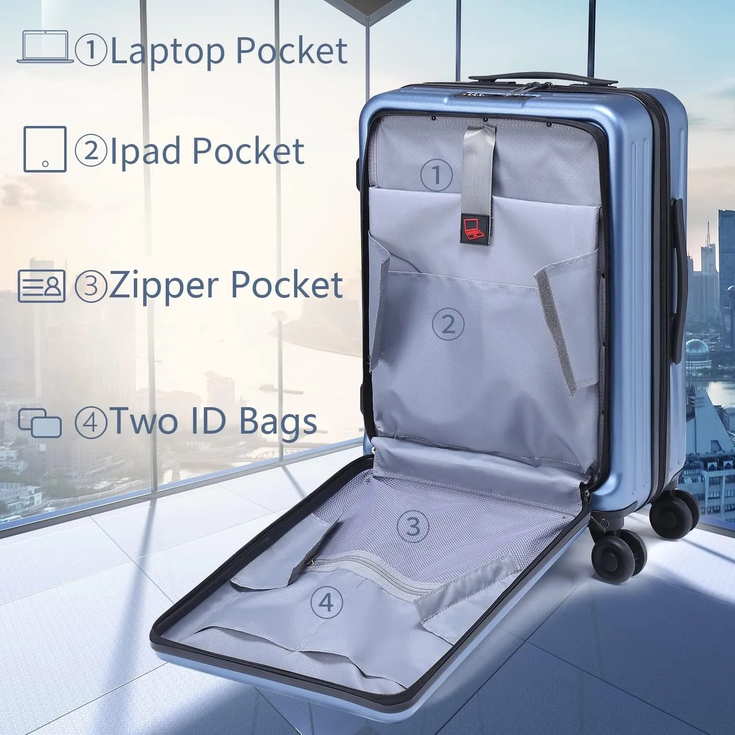 TydeCkare 20 Inch Carrry On Luggage with Front Zipper Pocket, 45L, Lightweight ABS PC Hardshell Suitcase with TSA Lock & Spinner Silent Wheels, Convenient for Business Trips, Ice Blue