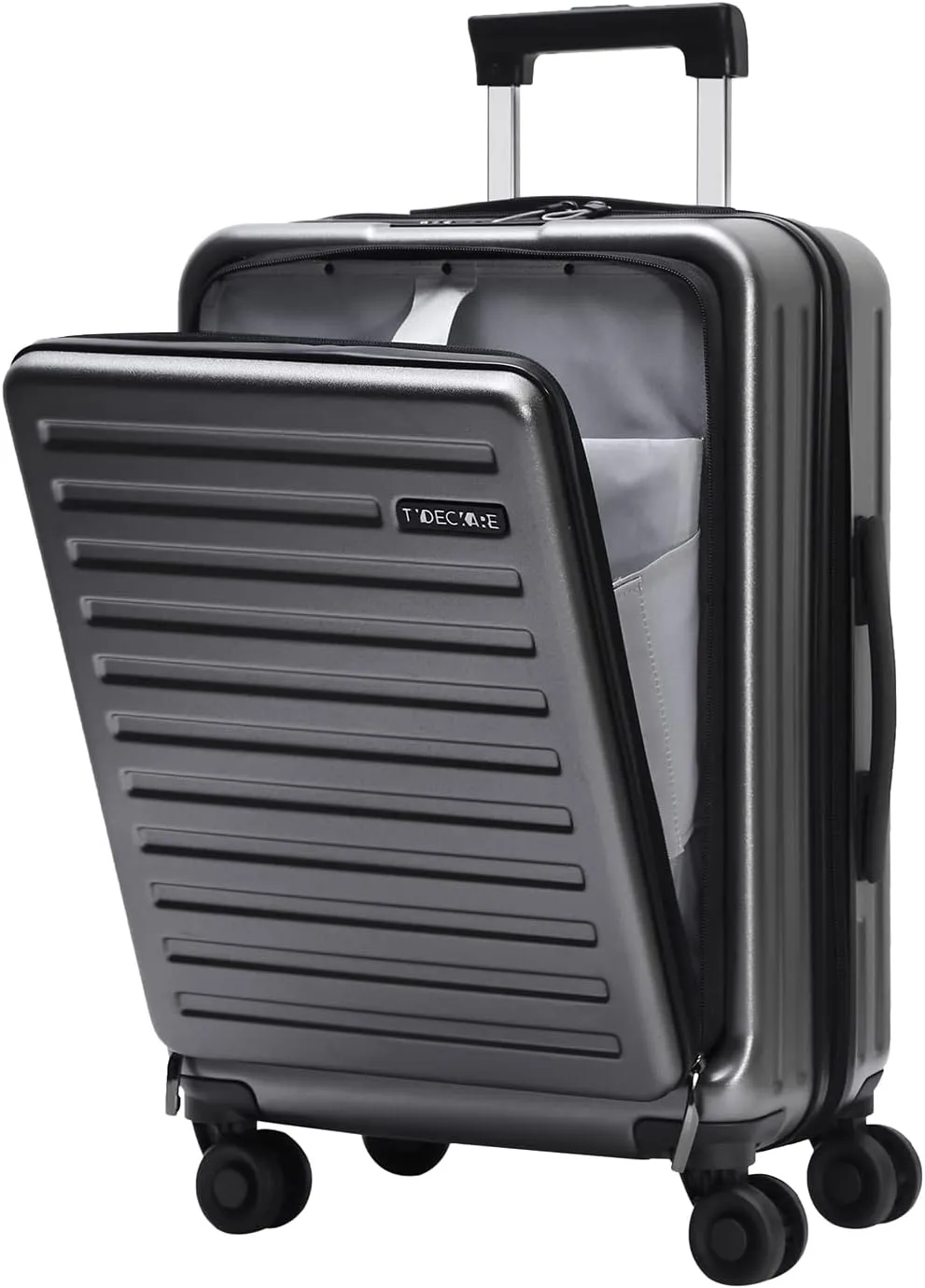 TydeCkare 20 Inch Carry On Luggage with Front Zipper Pocket, 45L, Lightweight ABS PC Hardshell Suitcase with TSA Lock & Spinner Silent Wheels, Convenient for Business Trips, Gray