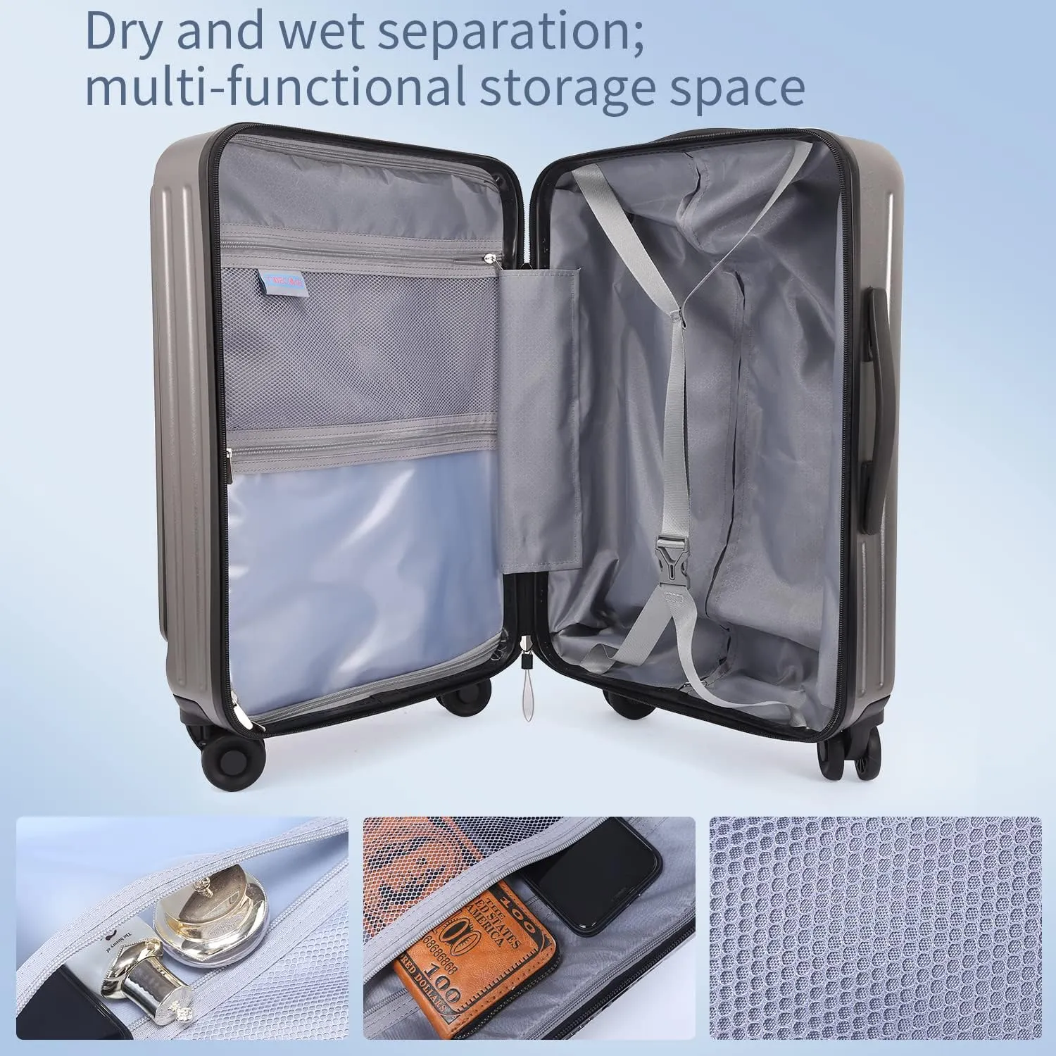 TydeCkare 20 Inch Carry On Luggage with Front Zipper Pocket, 45L, Lightweight ABS PC Hardshell Suitcase with TSA Lock & Spinner Silent Wheels, Convenient for Business Trips, Gray