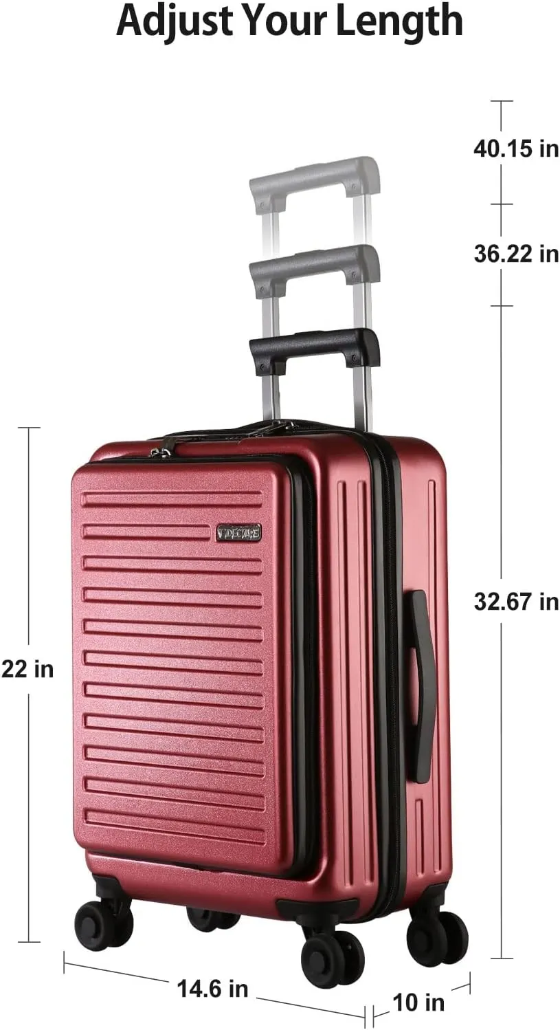 TydeCkare 20 Inch Carry On Luggage with Front Zipper Pocket, 45L, Lightweight ABS PC Hardshell Suitcase with TSA Lock & Spinner Silent Wheels, Convenient for Business Trips, Wine Red