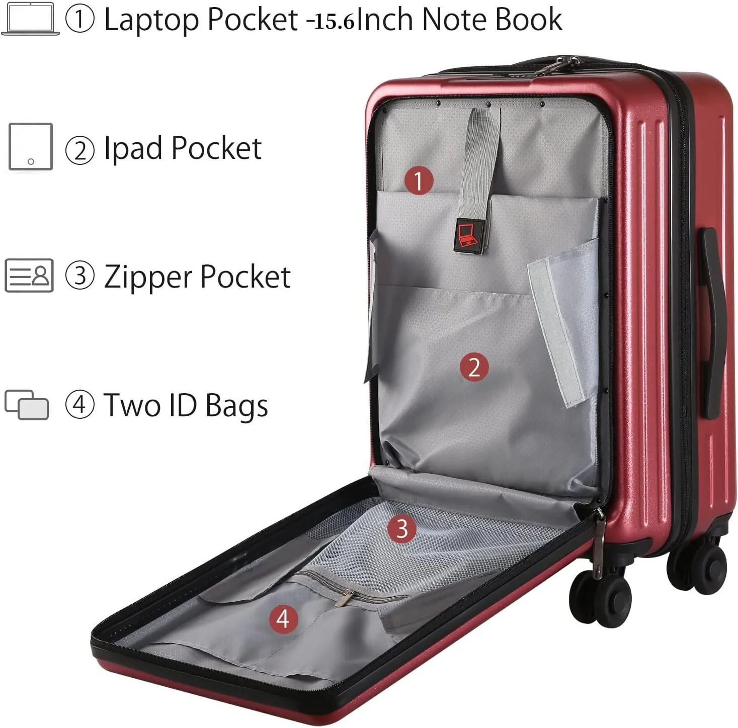 TydeCkare 20 Inch Carry On Luggage with Front Zipper Pocket, 45L, Lightweight ABS PC Hardshell Suitcase with TSA Lock & Spinner Silent Wheels, Convenient for Business Trips, Wine Red