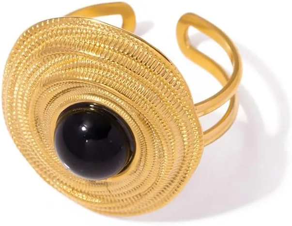 Unique Boho Black Gemstone Cocktail Party Statement Ring for Women Stainless Steel Adjustable Chunky Geometric Round Disc Open Wrap Promise Finger Band Knuckle Rings Dainty Stacking Jewelry Daughter