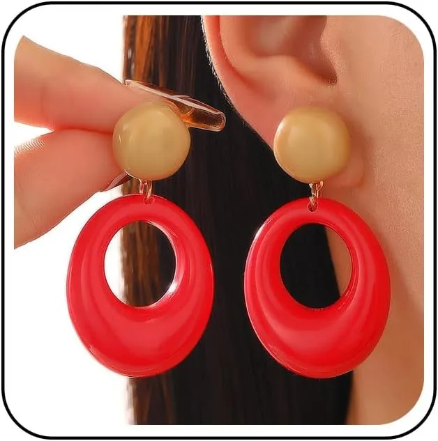 Vintage Acrylic Red Circle Dangle Earrings Acrylic Oval Earrings Large Resin Hoop Drop Earrings Hollow Geometric Earring Resin Disc Stud Earring Jewelry for Women