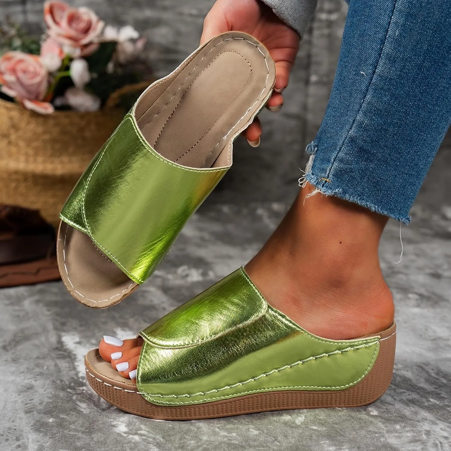 Wedge Sandals for Women 2025 Wide Width Orthopedic Arch Support Sandals Summer Breathable Slip on Slippers Boho Beach Platform Sandals