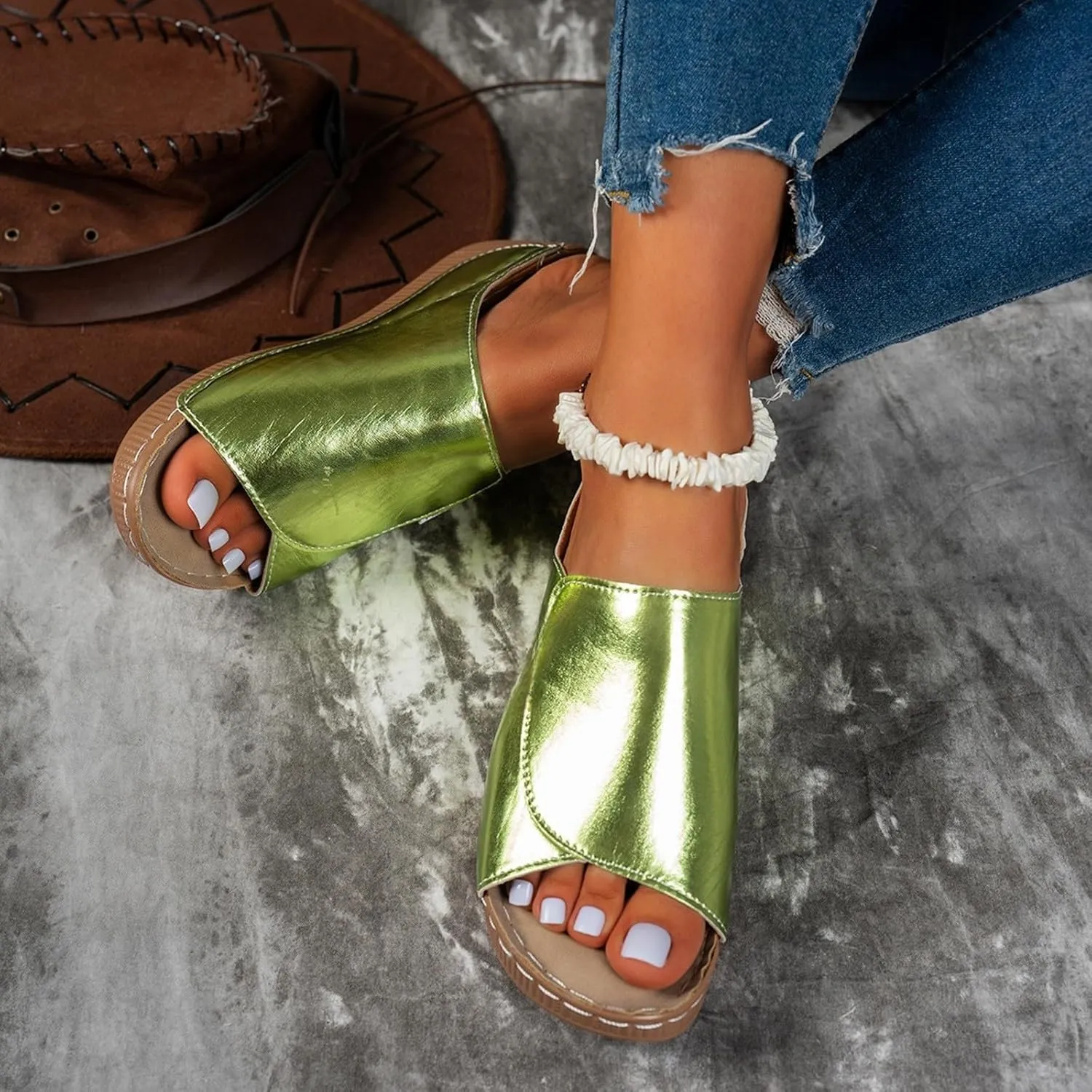 Wedge Sandals for Women 2025 Wide Width Orthopedic Arch Support Sandals Summer Breathable Slip on Slippers Boho Beach Platform Sandals