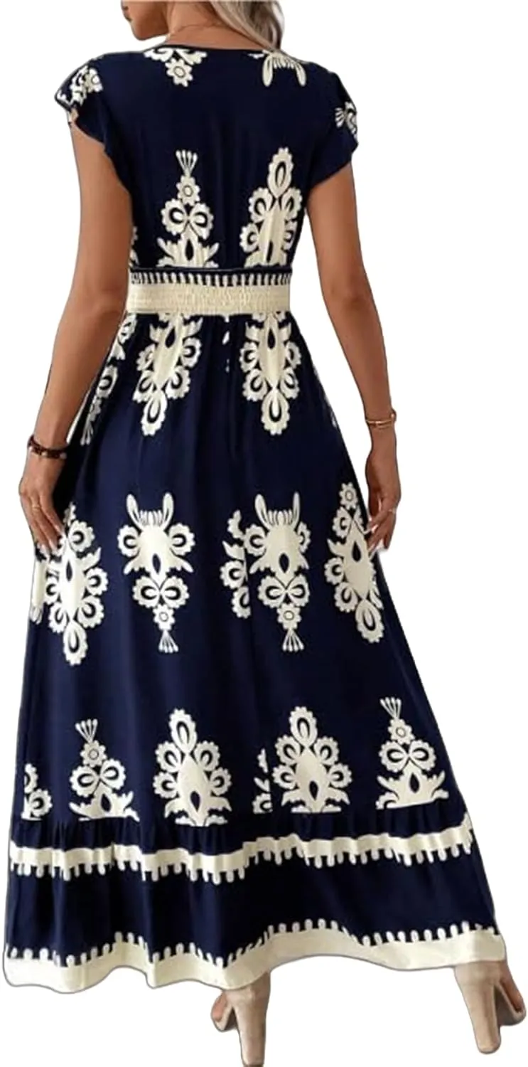 Women Boho Dress Summer Floral Print V Neck Cap Sleeve Maxi Dress Casual Tunic Color Block Ruffle Hem Beach Sundress