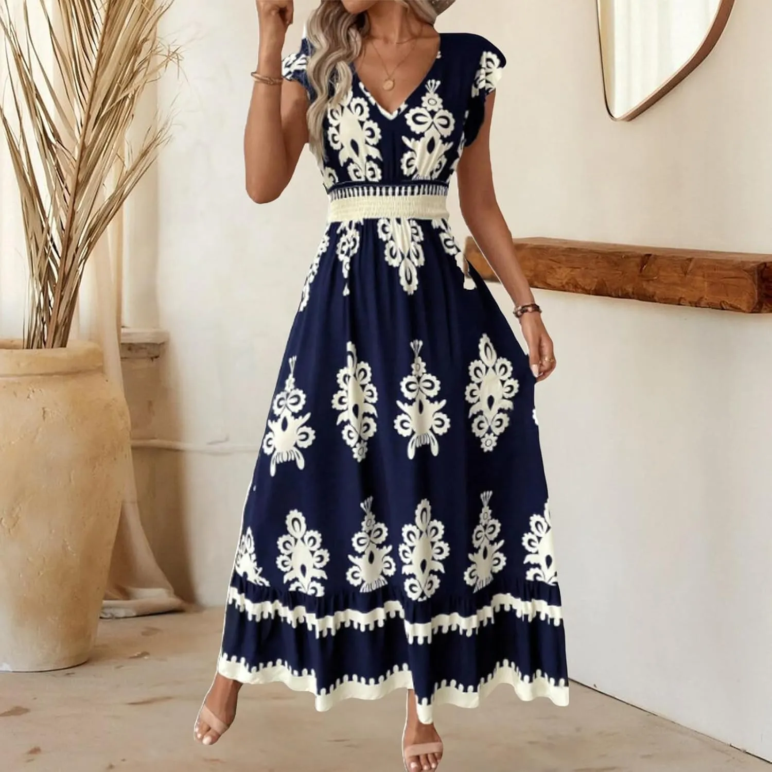 Women Boho Dress Summer Floral Print V Neck Cap Sleeve Maxi Dress Casual Tunic Color Block Ruffle Hem Beach Sundress